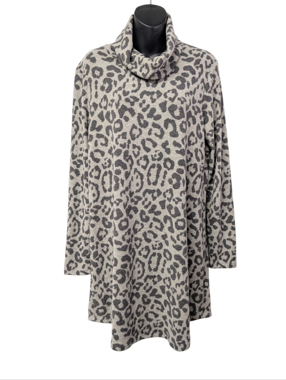 Sinuous Women's Sweater Dress Size S Gray Black Leopard Cowl Neck Knee Length